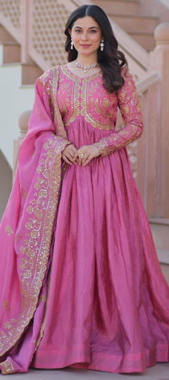 Pink and Majenta color Gown in Crushed Silk fabric with Embroidered, Thread work