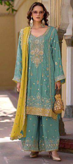 Blue color Salwar Kameez in Chinon Silk fabric with Embroidered, Sequence work