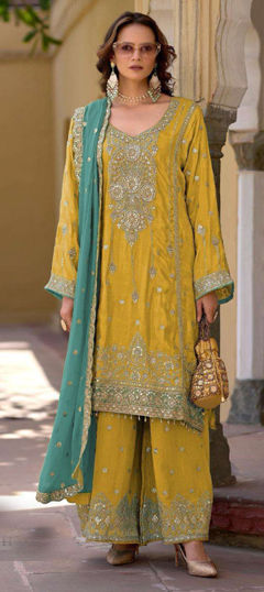 Yellow color Salwar Kameez in Chinon Silk fabric with Embroidered, Sequence work