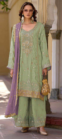 Green color Salwar Kameez in Chinon Silk fabric with Embroidered, Sequence work