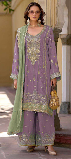 Purple and Violet color Salwar Kameez in Chinon Silk fabric with Embroidered, Sequence work