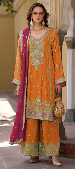 Orange color Salwar Kameez in Chinon Silk fabric with Embroidered, Sequence work