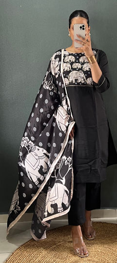 Black and Grey color Salwar Kameez in Roman Silk fabric with Lace, Printed work