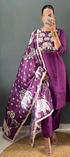 Purple and Violet color Salwar Kameez in Roman Silk fabric with Lace, Printed work