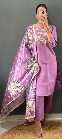 Pink and Majenta color Salwar Kameez in Roman Silk fabric with Lace, Printed work