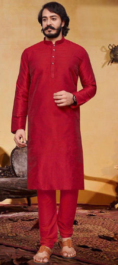 Red and Maroon color Kurta Pyjamas in Art Silk fabric with Thread work