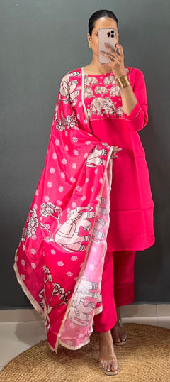 Pink and Majenta color Salwar Kameez in Roman Silk fabric with Lace, Printed work