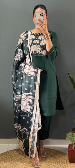Green color Salwar Kameez in Roman Silk fabric with Lace, Printed work