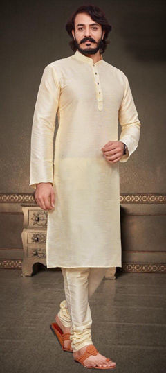Beige and Brown color Kurta Pyjamas in Art Silk fabric with Thread work