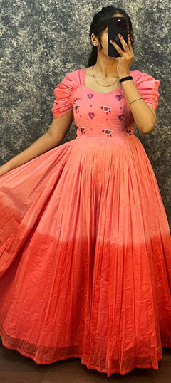 Pink and Majenta color Gown in Cotton, Malmal fabric with Sequence work