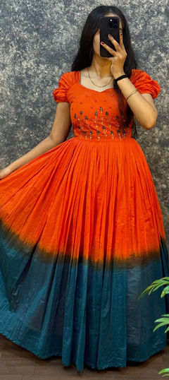Blue, Red and Maroon color Gown in Cotton, Malmal fabric with Sequence work