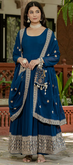 Blue color Gown in Faux Georgette fabric with Embroidered, Sequence, Zari work