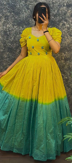 Green, Yellow color Gown in Cotton, Malmal fabric with Sequence work