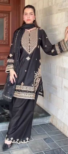 Black and Grey color Salwar Kameez in Roman Silk fabric with Embroidered, Sequence work