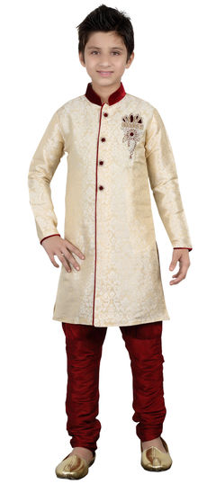 201943: Beige and Brown color Boys Indo-Western in Brocade fabric with Cut Dana, Moti, Stone work