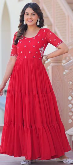 Red and Maroon color Gown in Faux Georgette fabric with Bugle Beads, Embroidered work