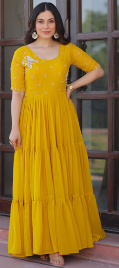 Yellow color Gown in Faux Georgette fabric with Bugle Beads, Embroidered work
