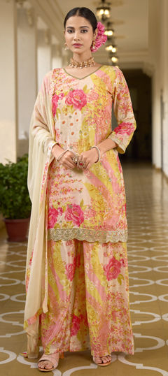 Green color Salwar Kameez in Muslin fabric with Embroidered, Floral, Printed, Sequence work