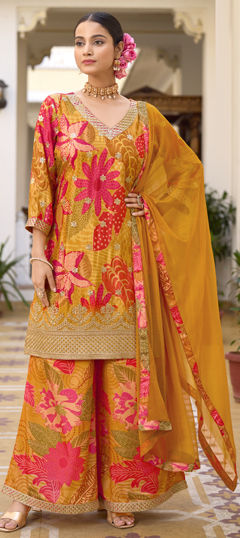 Yellow color Salwar Kameez in Muslin fabric with Embroidered, Floral, Printed, Sequence work