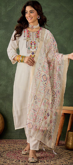 White and Off White color Salwar Kameez in Blended fabric with Embroidered, Resham, Sequence work