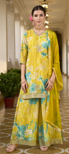 Beige and Brown color Salwar Kameez in Muslin fabric with Embroidered, Floral, Printed, Sequence work