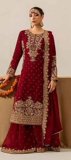 Red and Maroon color Salwar Kameez in Faux Georgette fabric with Embroidered, Sequence work