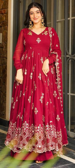 Pink and Majenta color Salwar Kameez in Faux Georgette fabric with Embroidered, Resham work