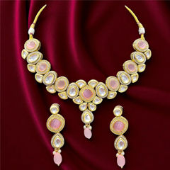 Gold Rodium Polish Pink and Majenta color Necklace in Metal Alloy studded with CZ Diamond, Pearl