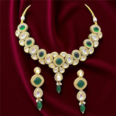 Gold Rodium Polish Green color Necklace in Metal Alloy studded with CZ Diamond, Pearl