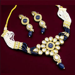 Gold Rodium Polish Blue color Necklace in Metal Alloy studded with CZ Diamond, Pearl
