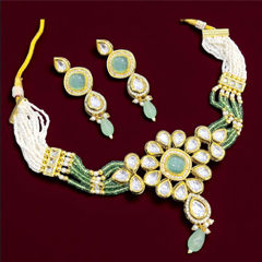 Gold Rodium Polish Green color Necklace in Metal Alloy studded with CZ Diamond, Pearl