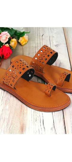 Beige and Brown color Women Shoes in Faux Leather fabric with Thread work