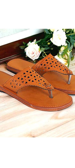Beige and Brown color Women Shoes in Faux Leather fabric with Thread work