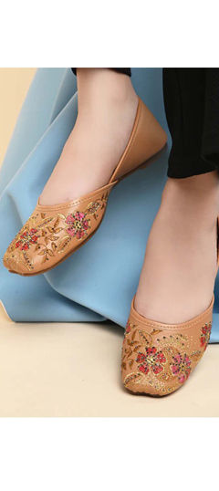 Beige and Brown color Women Shoes in Rubber fabric with Embroidered, Stone work