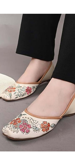 Beige and Brown color Women Shoes in Rubber fabric with Embroidered, Stone work