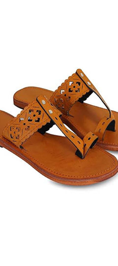 Beige and Brown color Women Shoes in Faux Leather fabric with Thread work