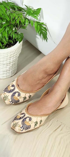 Beige and Brown color Women Shoes in Rubber fabric with Embroidered, Stone work