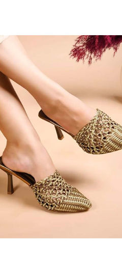 Gold color Women Shoes in Polyester Silk fabric with Fancy Work work