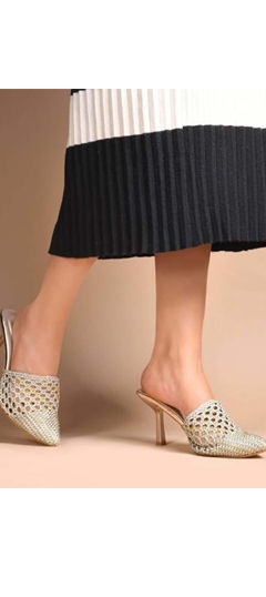 Gold color Women Shoes in Polyester Silk fabric with Fancy Work work