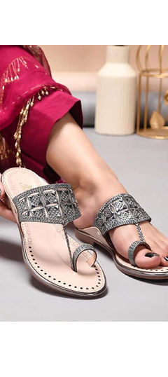 Silver color Women Shoes in Rexine fabric with Fancy Work work