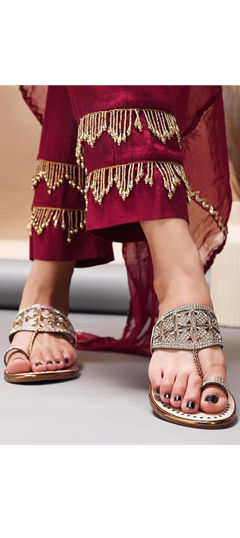 Gold color Women Shoes in Rexine fabric with Fancy Work work