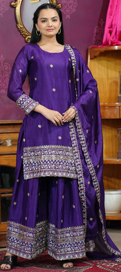 Purple and Violet color Salwar Kameez in Chinon Silk fabric with Embroidered, Sequence work