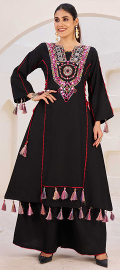 Black and Grey color Salwar Kameez in Rayon fabric with Lace, Mirror, Thread work