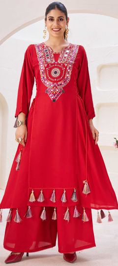 Red and Maroon color Salwar Kameez in Rayon fabric with Lace, Mirror, Thread work