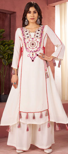 White and Off White color Salwar Kameez in Rayon fabric with Lace, Mirror, Thread work