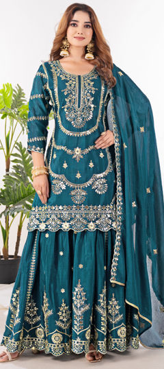 Blue color Salwar Kameez in Chinon Silk fabric with Embroidered, Sequence, Thread work