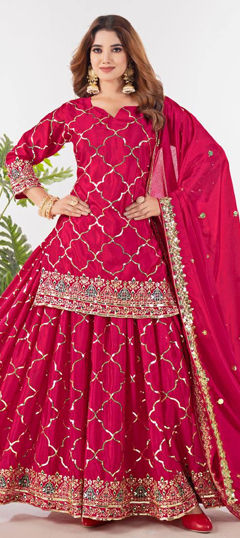 Pink and Majenta color Salwar Kameez in Chinon Silk fabric with Embroidered, Sequence work