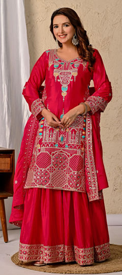 Pink and Majenta color Salwar Kameez in Chinon Silk fabric with Embroidered, Sequence work