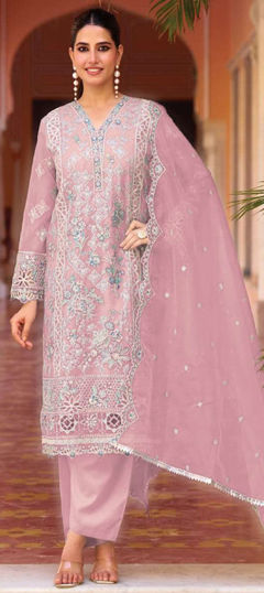 Pink and Majenta color Salwar Kameez in Organza Silk fabric with Embroidered, Sequence, Thread work