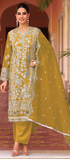 Yellow color Salwar Kameez in Organza Silk fabric with Embroidered, Sequence, Thread work